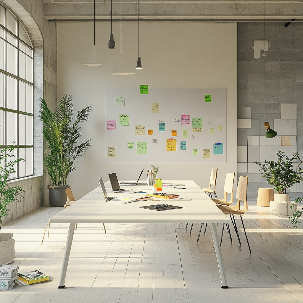 Interior of modern conference room with white and green boards.