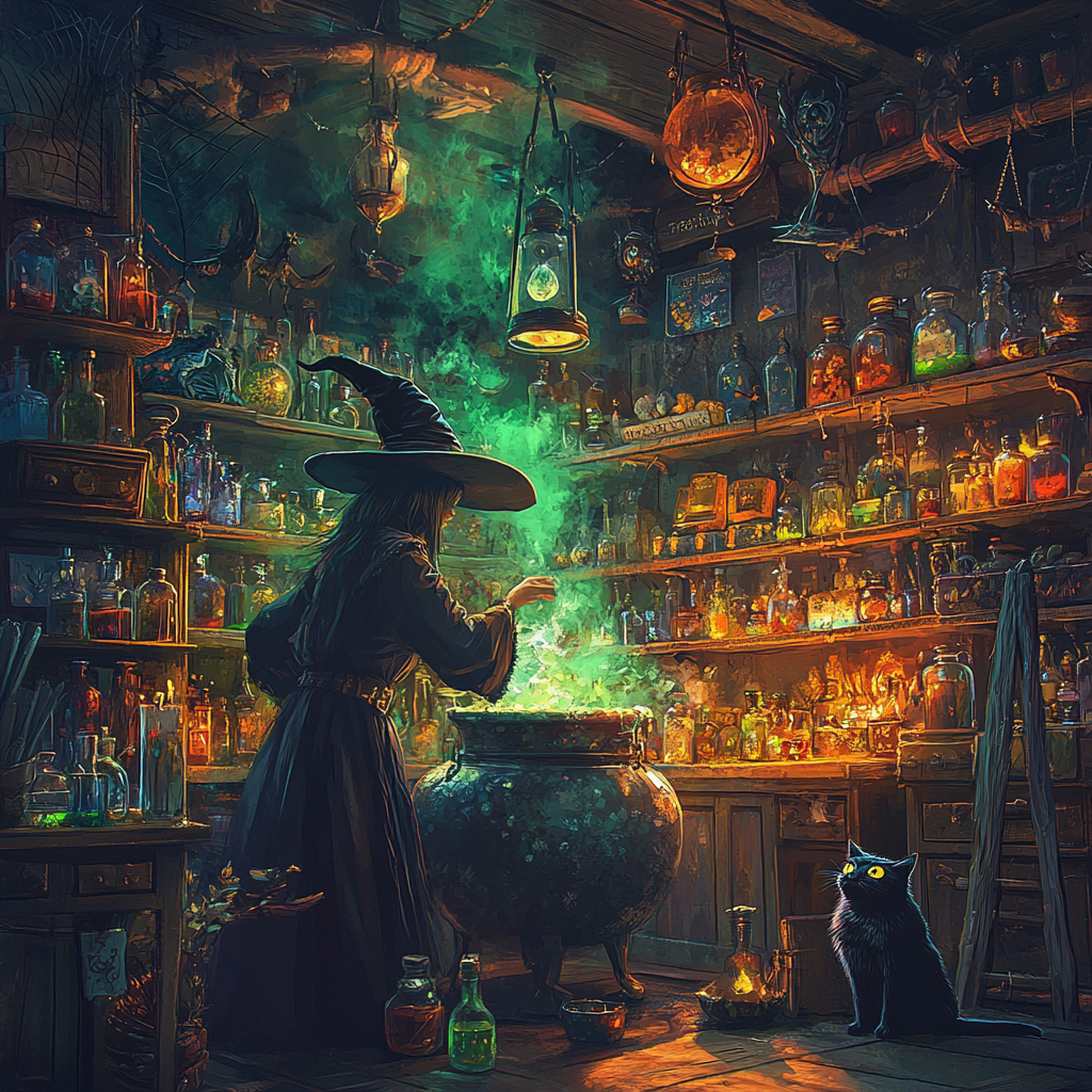 Interior of potion shop with bubbling potions and crystals.