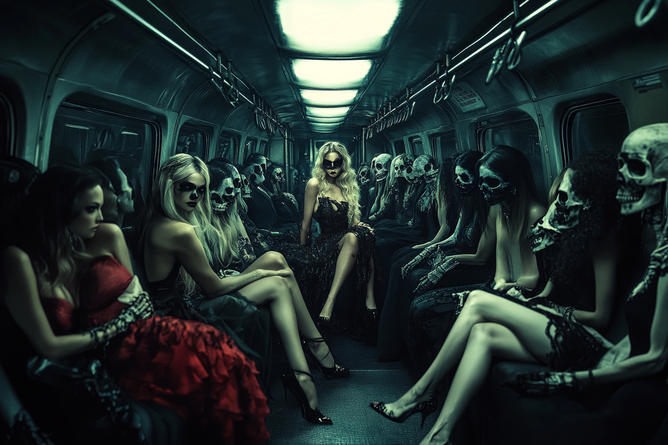 Interior of subway with fashion models and skeletons.