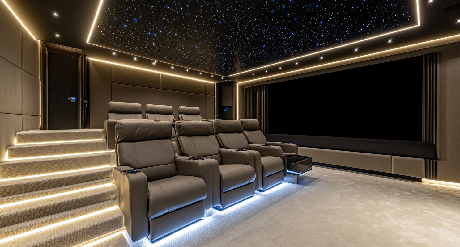 Interior photo of home cinema with starry ceiling, leather chairs, LED lights, large screen.