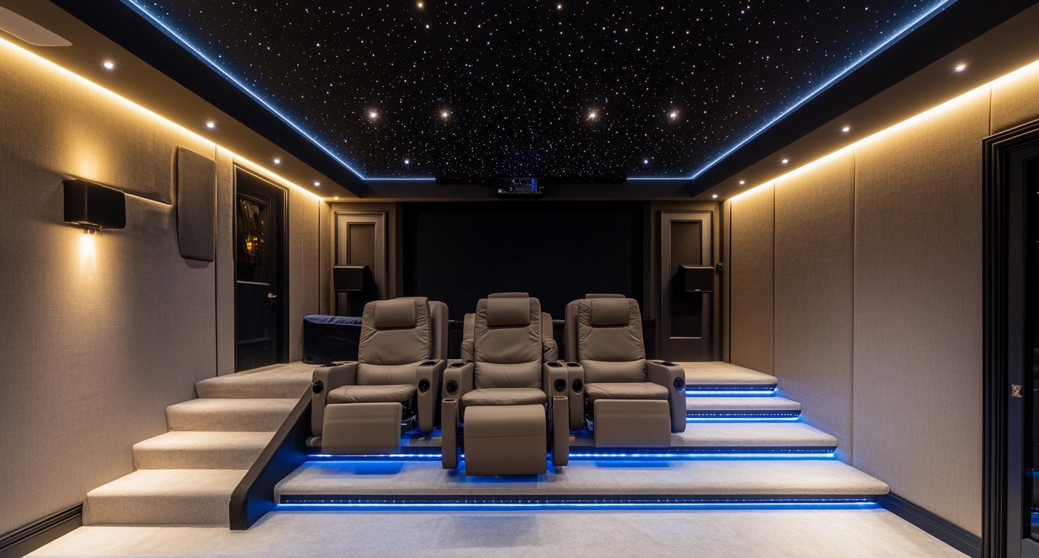 Interior photo of luxurious home cinema room.