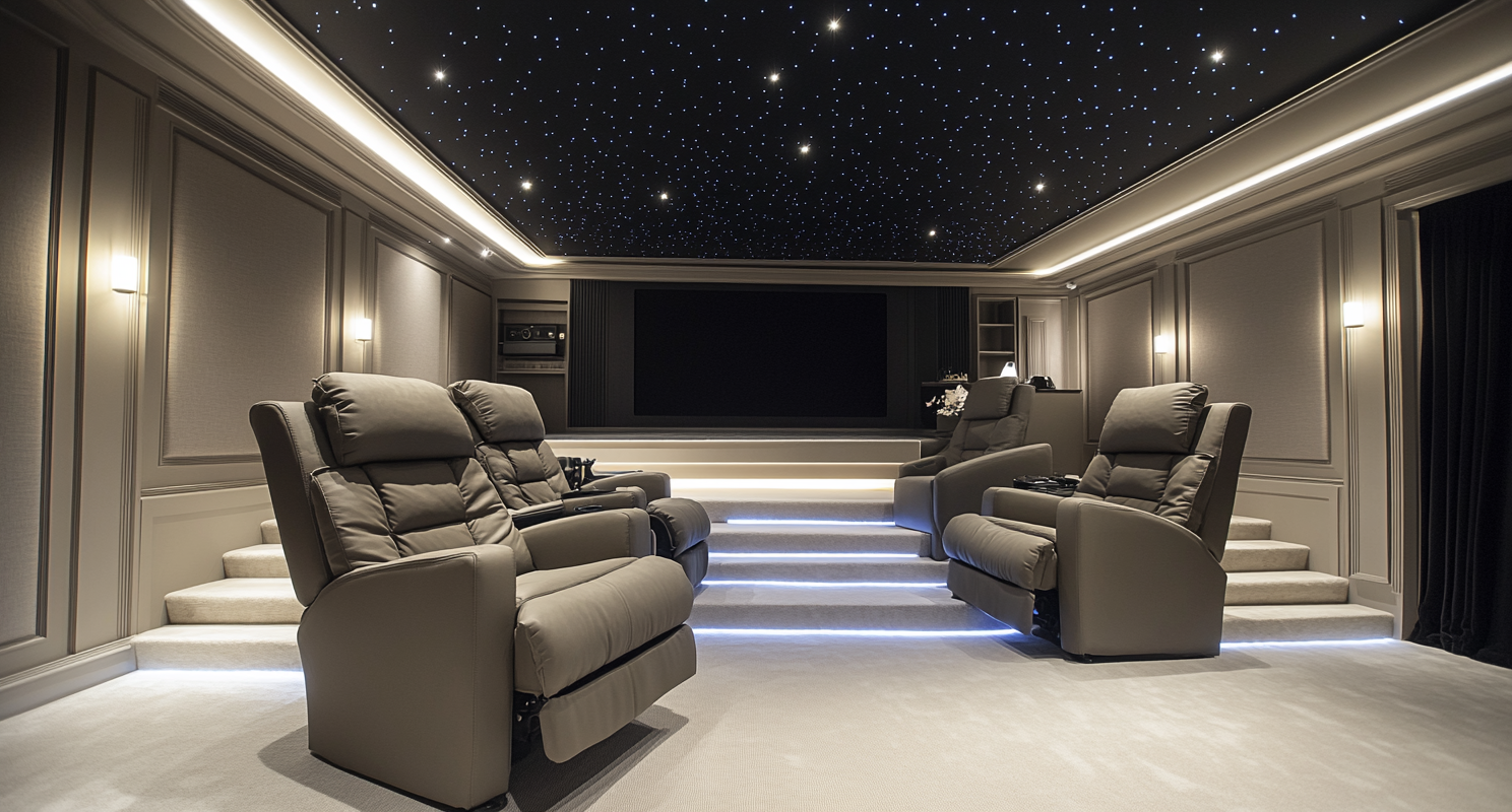 Interior photograph of high-end large home cinema room.