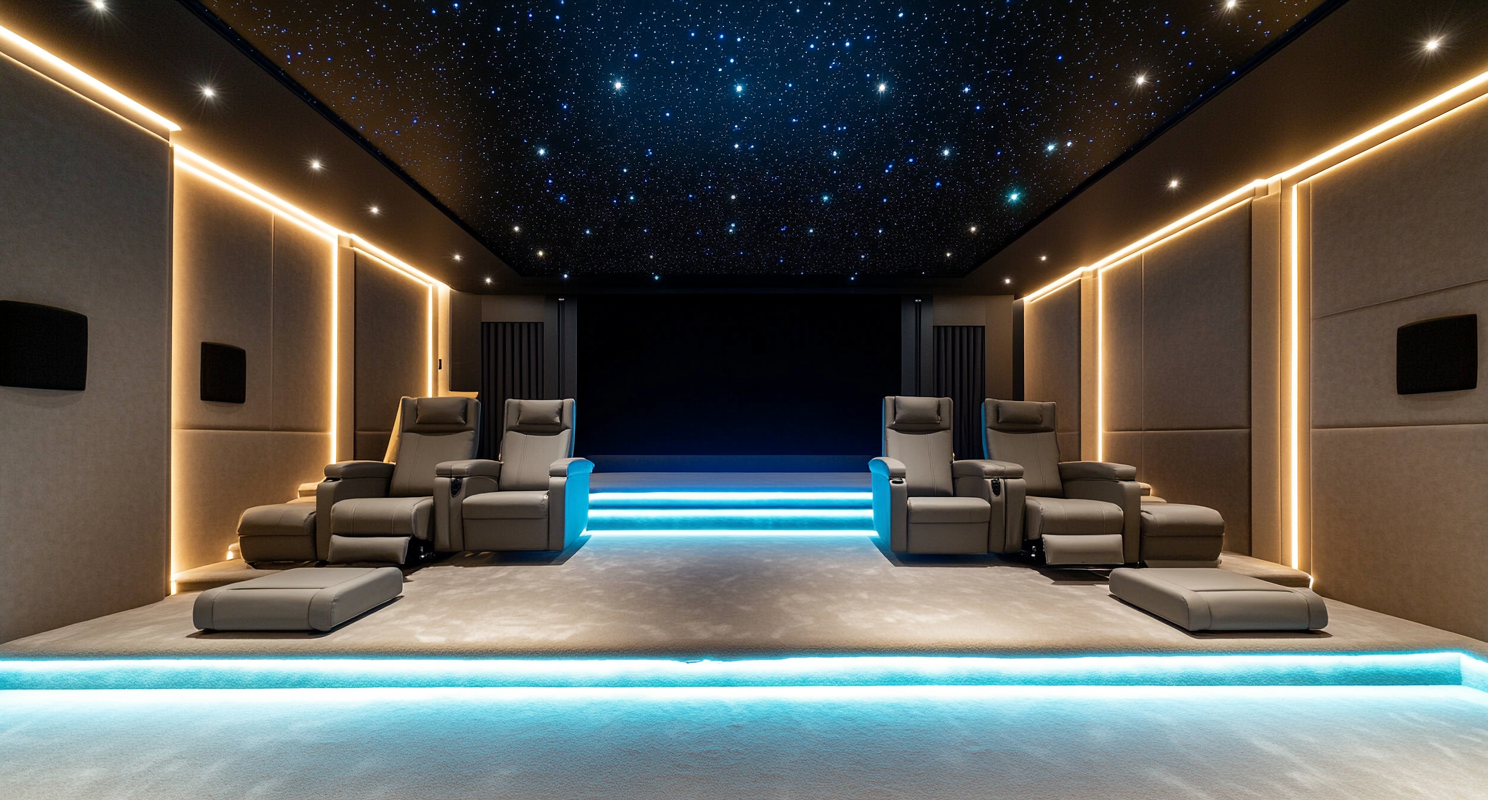 Interior photograph of modern cinema room with black ceiling.