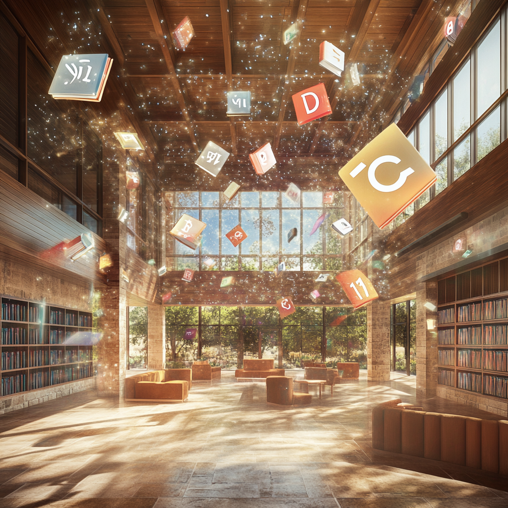 Interior scene of educational center in New Mexico. Dynamic design with warm tones, natural light.