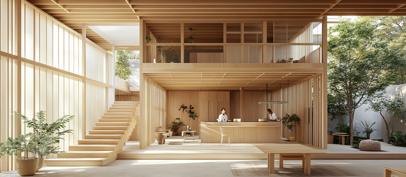 Interior space with Tadao Ando style, people and wood.