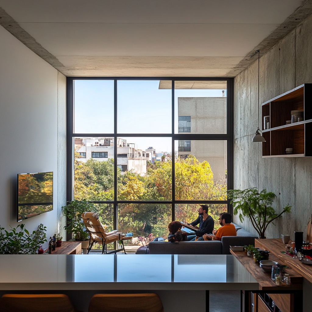 Interior view of an apartment with a garden.