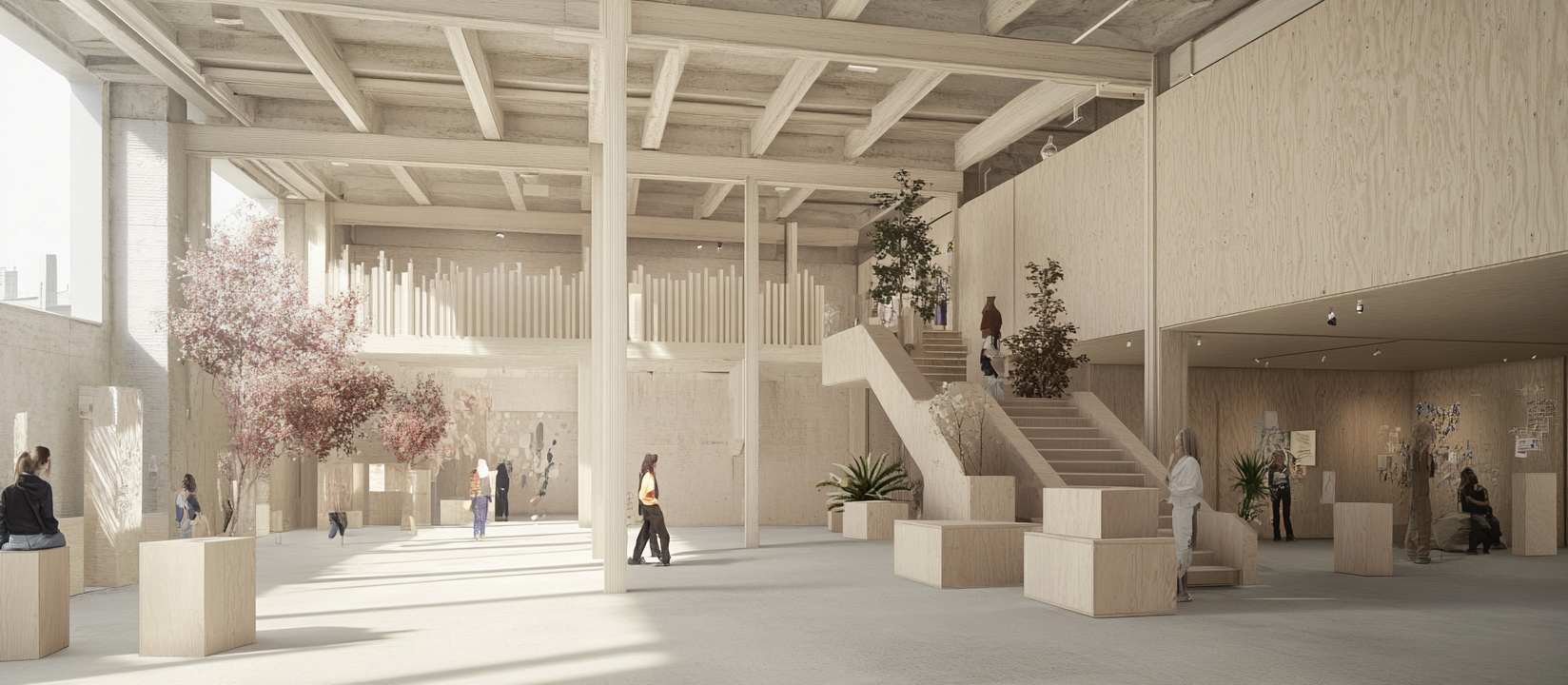 Interior view of wooden building with art installations and plants.