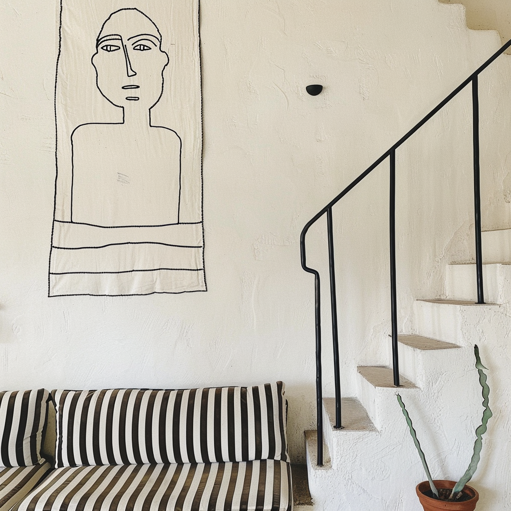 Interior with staircase, couch with stripes, velvet cushions.