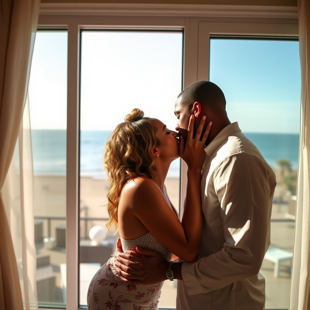 Interracial Kiss by Luxurious Seaside Suite Window