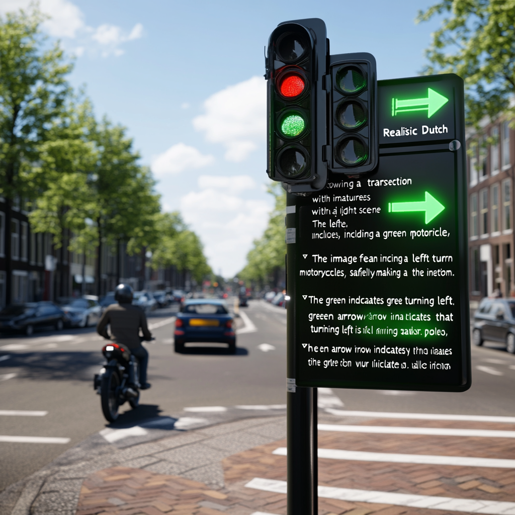 Intersection scene with vehicles turning left on green arrow.