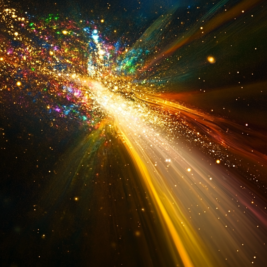 Interstellar matter forming rainbow light in Blake-themed universe.