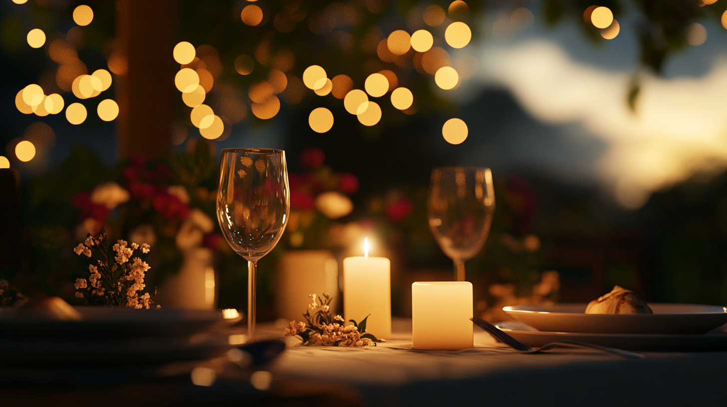 Intimate ambiance with candlelight and subtle floral decor.