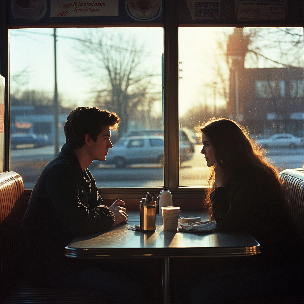 Intimate moment at classic diner, nostalgic 80s vibe