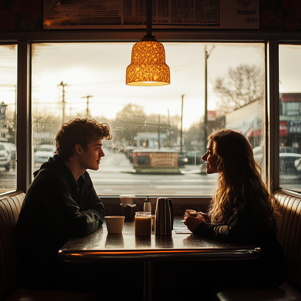 Intimate moment in cozy diner booth, nostalgic lighting