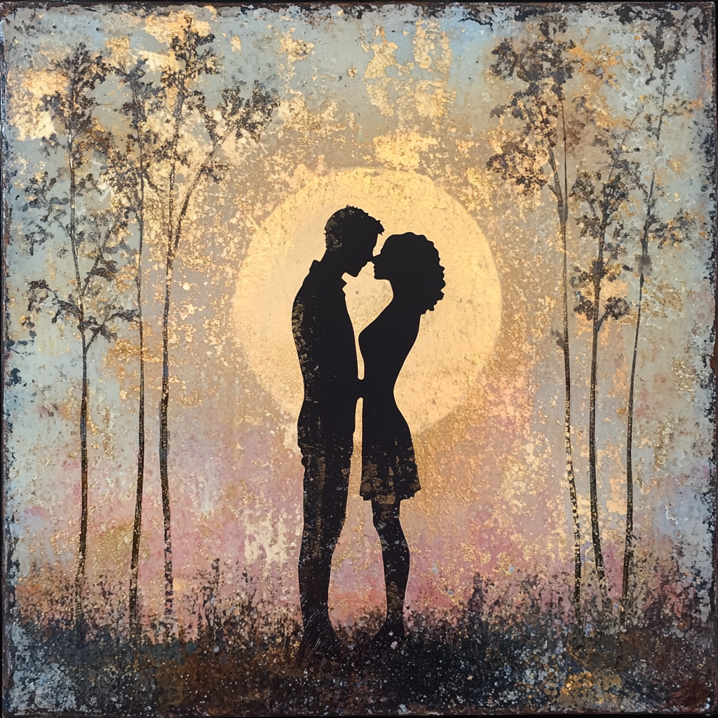 Intimate silhouettes in affectionate pose in romantic environment.