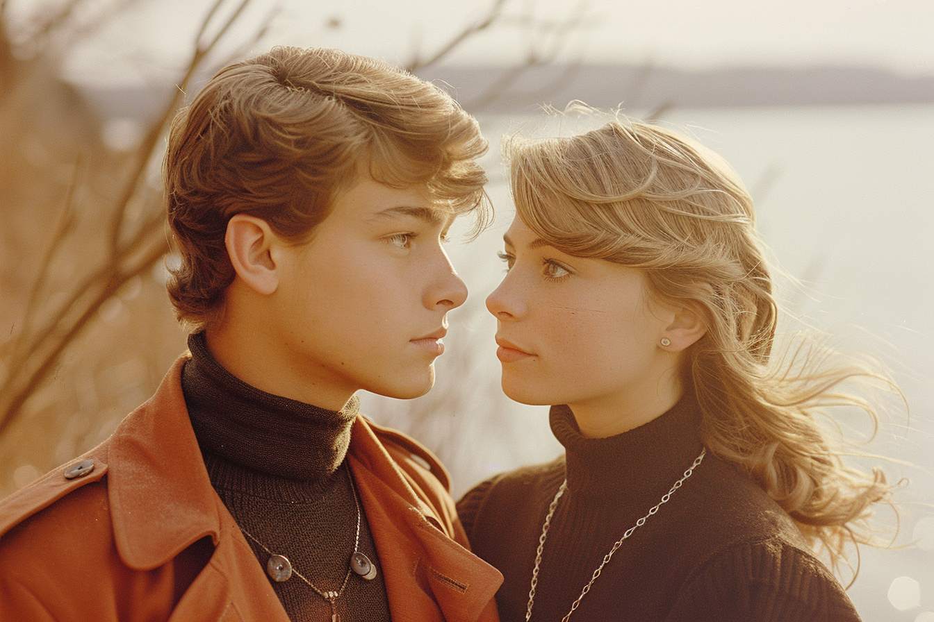 Intimate young couple in profile, gentle expressions, ethereal background.