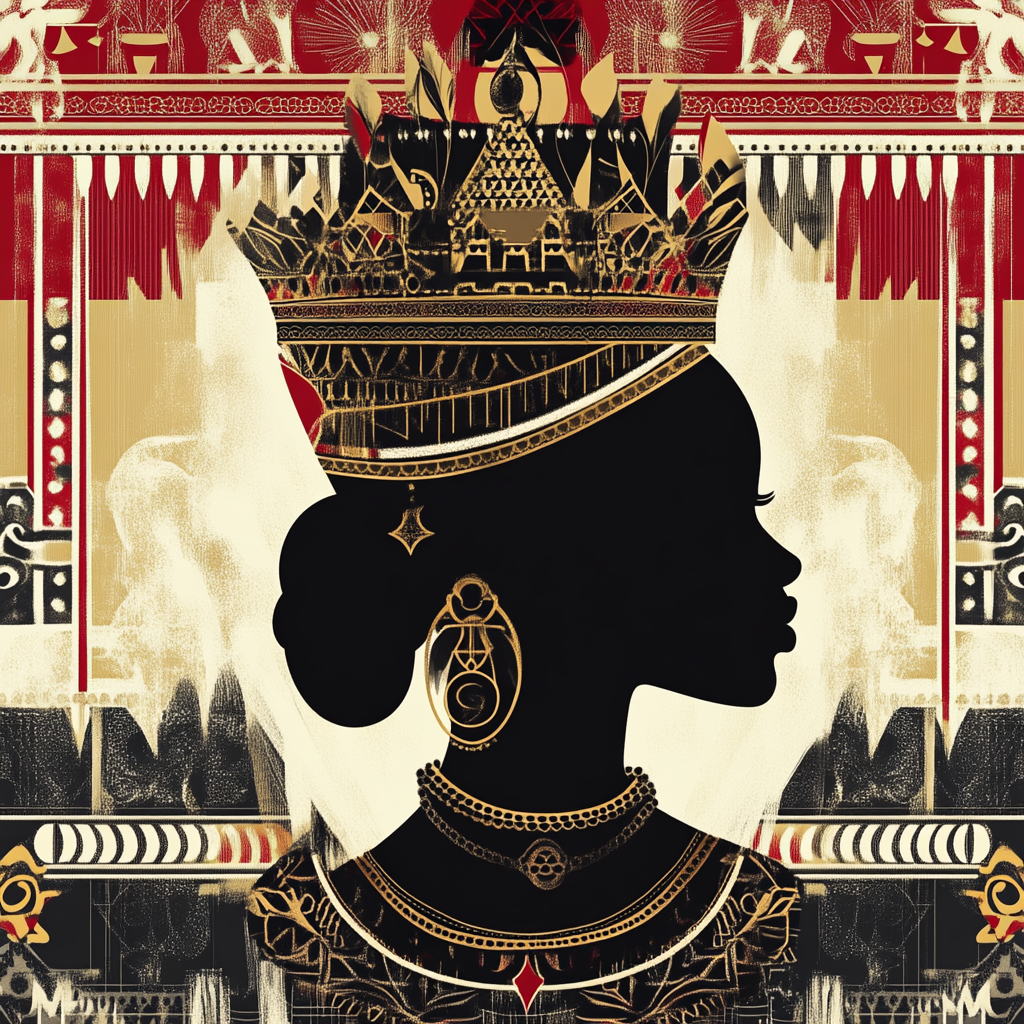 Intricate African queen silhouette with vibrant red, white, gold.