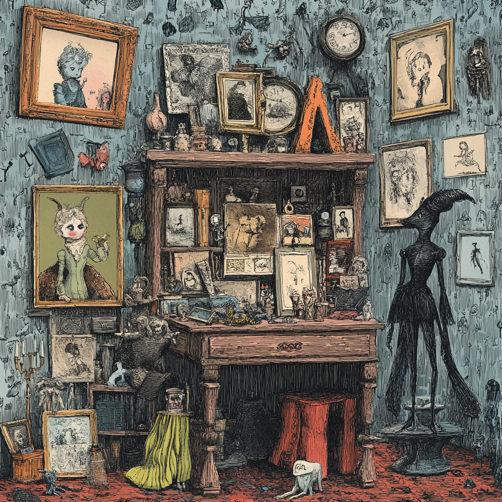 Intricate Edward Gorey-style illustration of abandoned theatrical stage