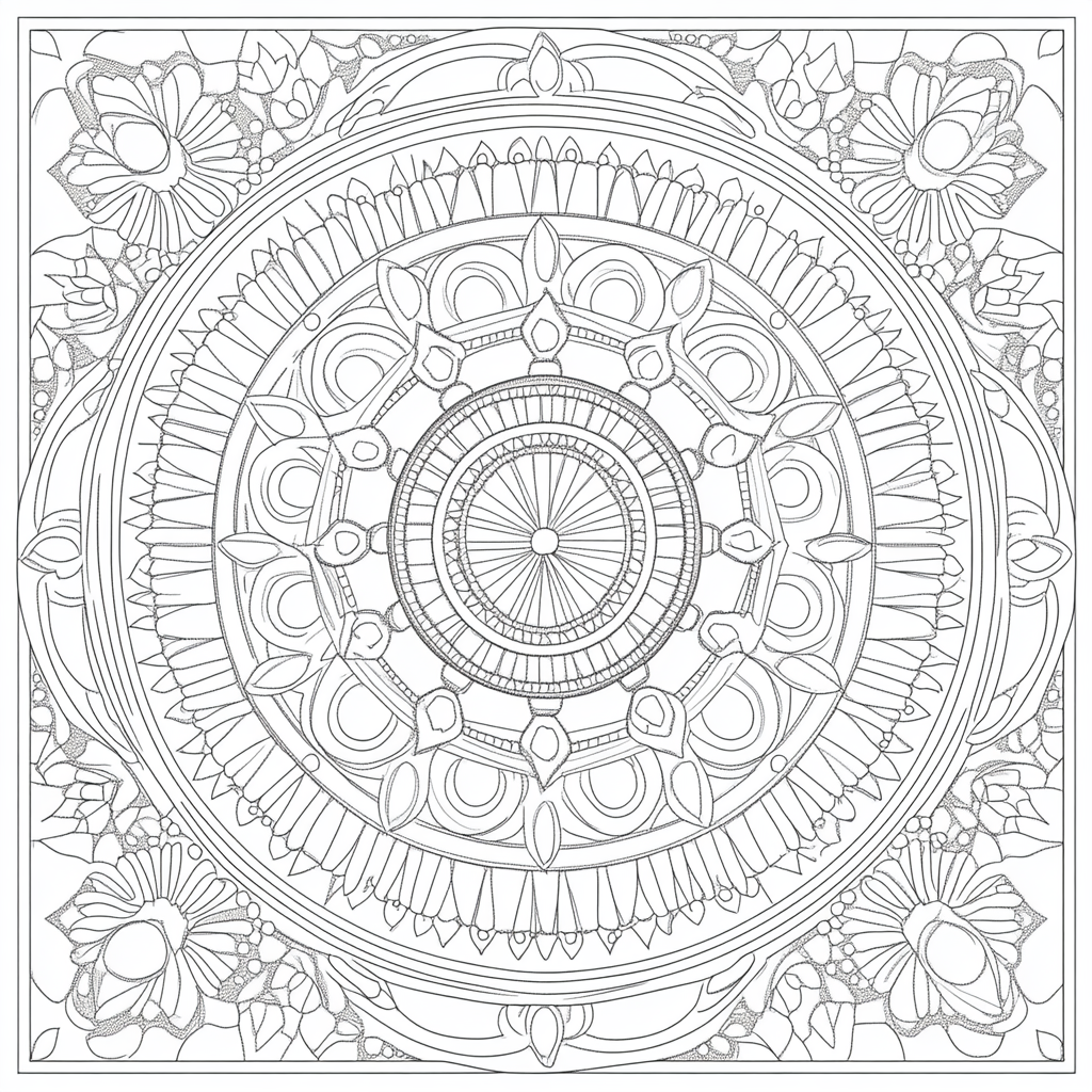 Intricate Mandala Coloring Page for Adults with Geometric Patterns