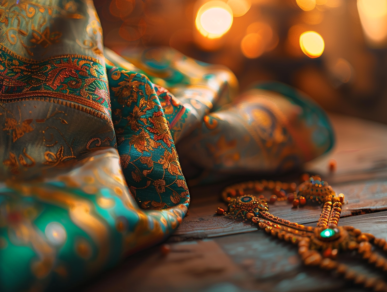 Intricate Saree Design on Wooden Table, Jewelry Nearby