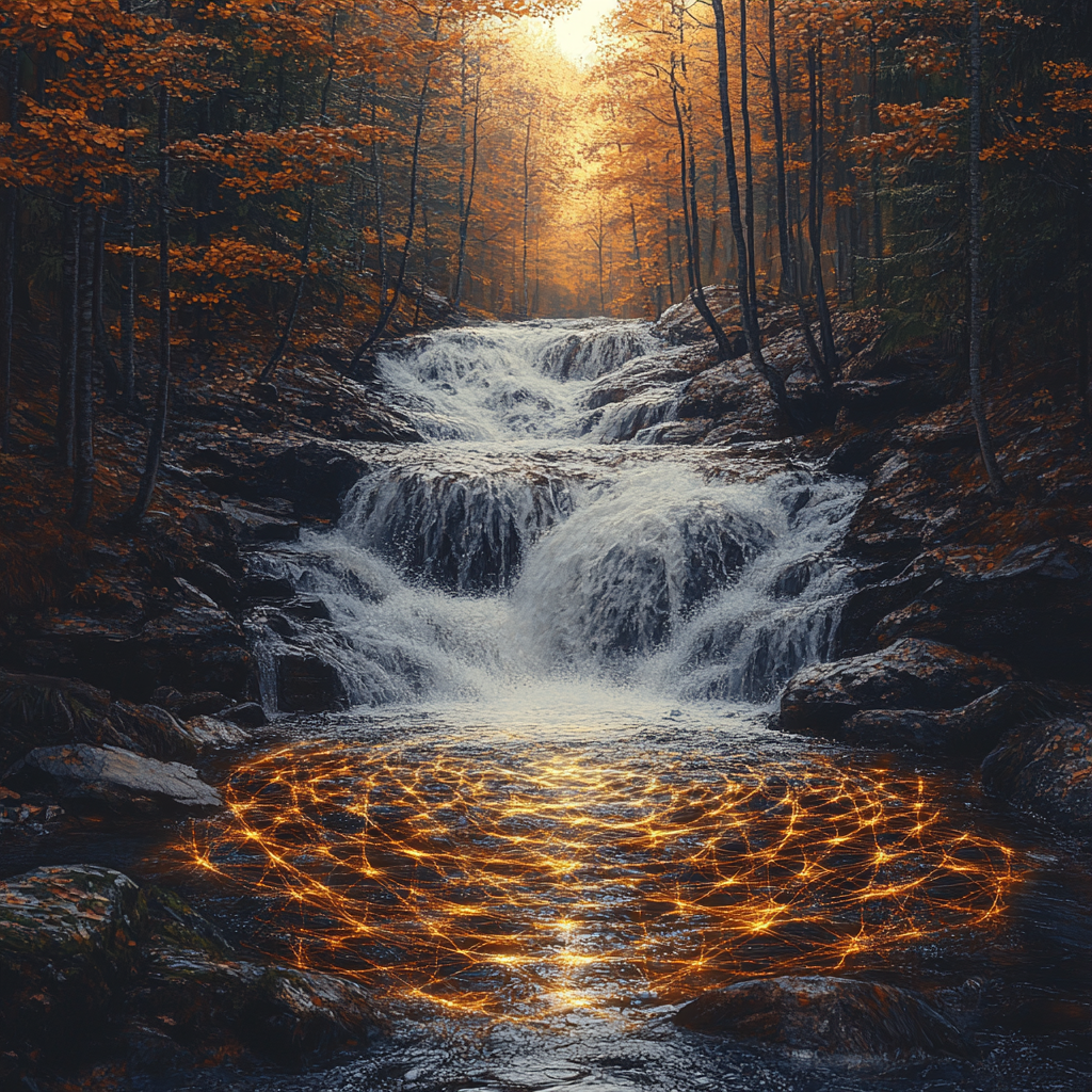 Intricate algebraic forest waterfall in fire style pattern landscape.