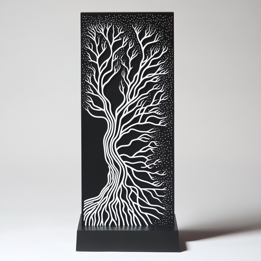 Intricate black and white blockchain tree design.