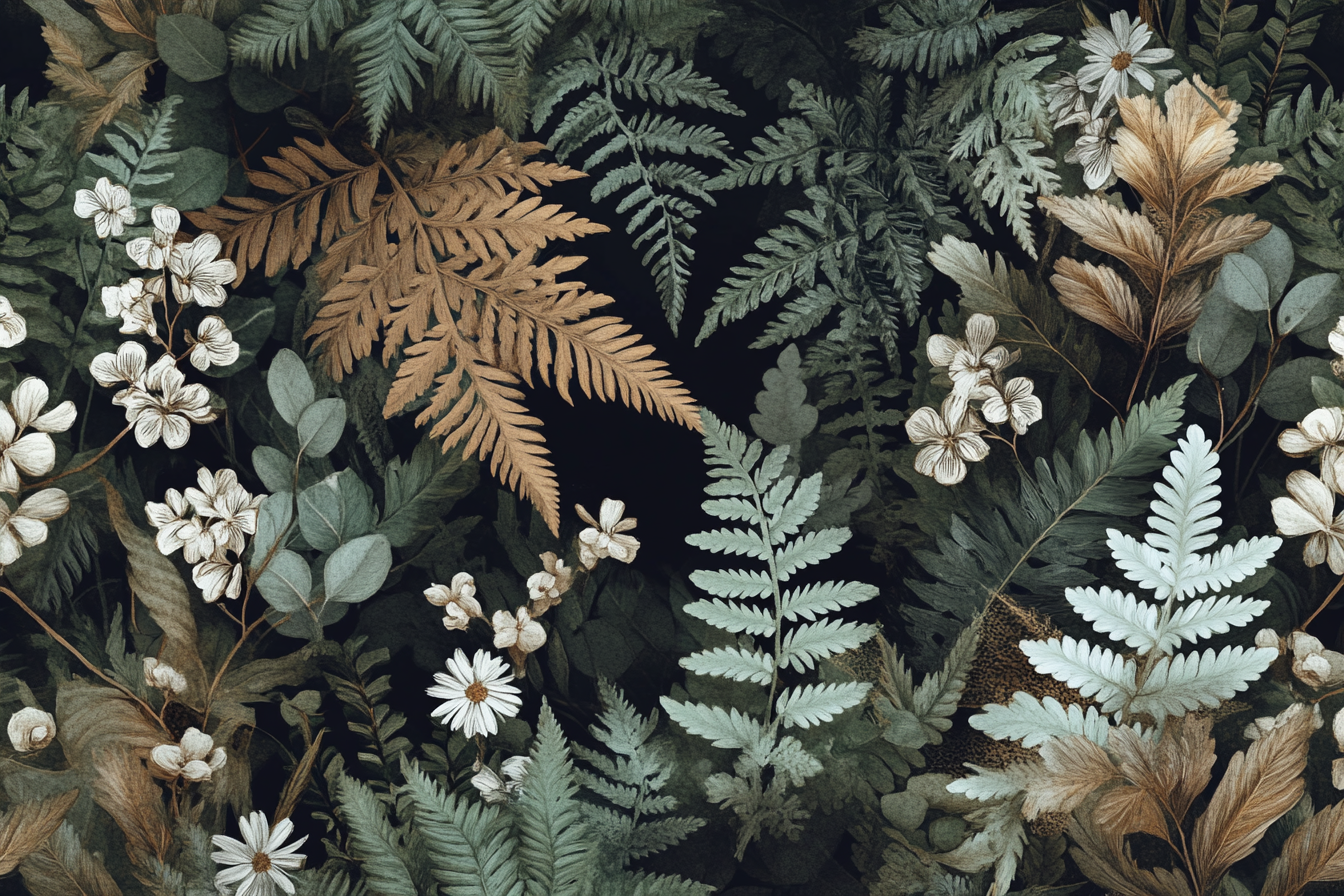 Intricate botanical wallpaper in muted tones against dark background.