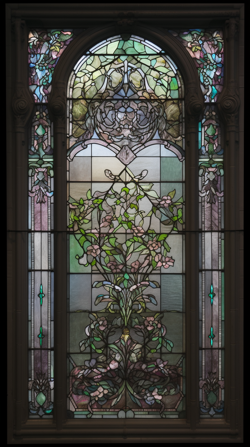 Intricate floral design stained glass window with weathered texture.