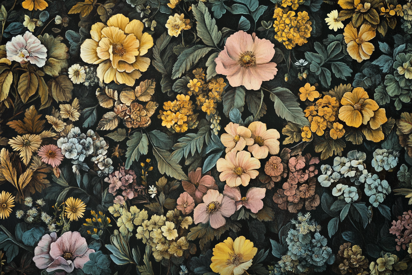 Intricate floral pattern with yellow, pink, green flowers.