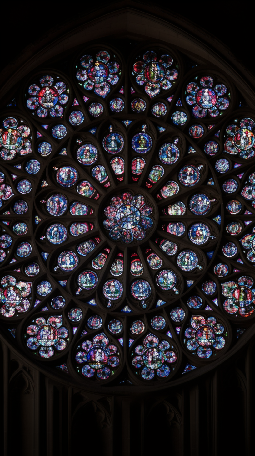 Intricate gothic stained glass rose window in dark pastels.