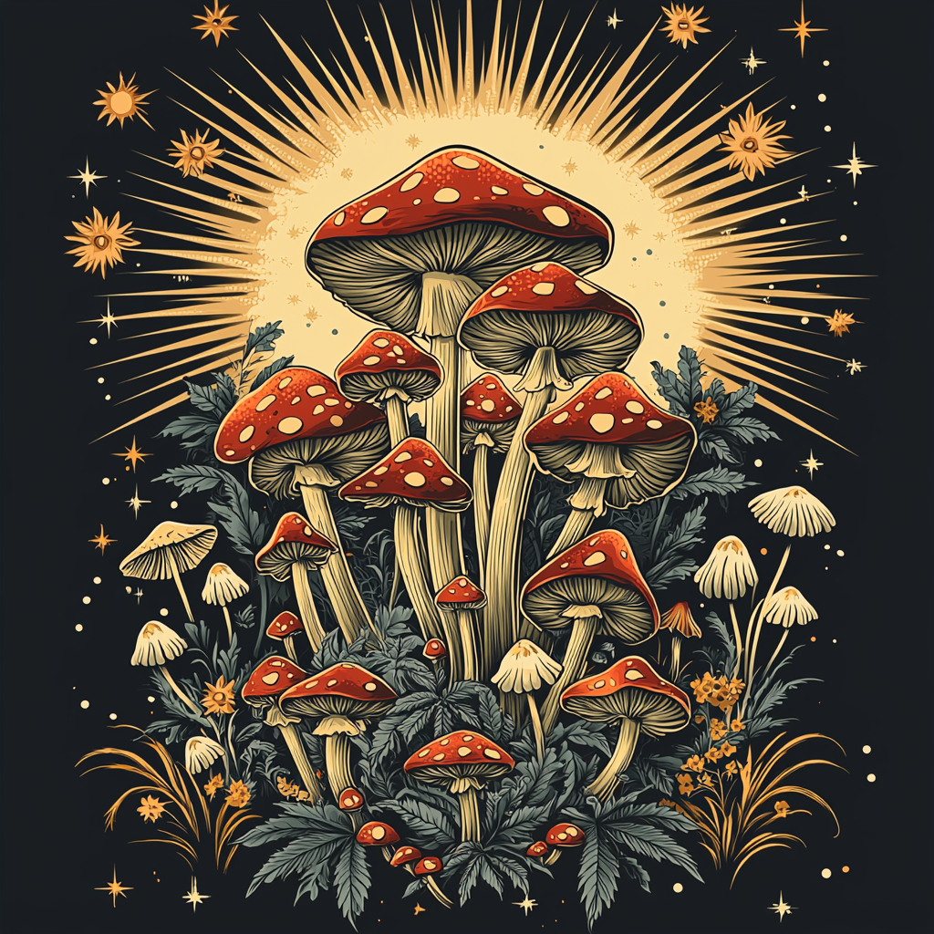 Intricate logo with mushrooms, sunshine, love, shop, cannabis.