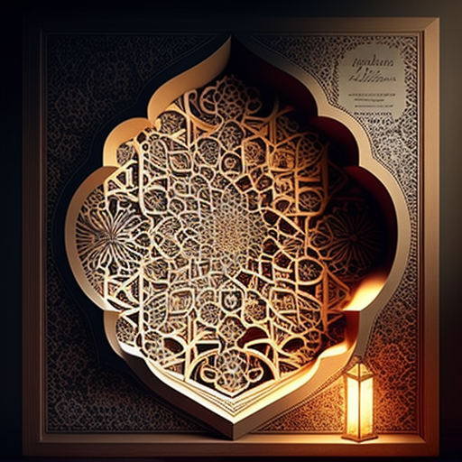 Intricate moqarnasat and Islamic geometric patterns glow in poster.