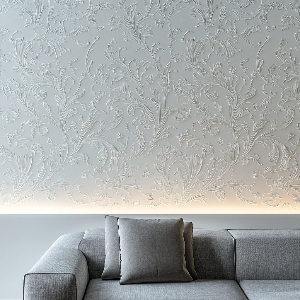 Intricate patterns and textures on the white living room wall.