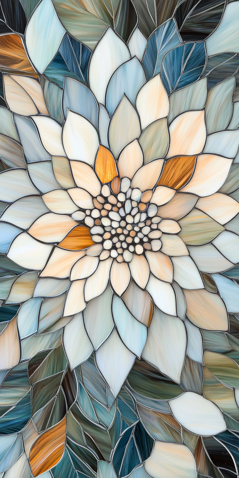 Intricate stained glass Dahlia art on tall vase.