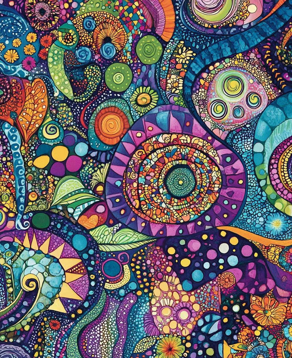 Intricate zentangle design with swirls, shapes, and patterns.