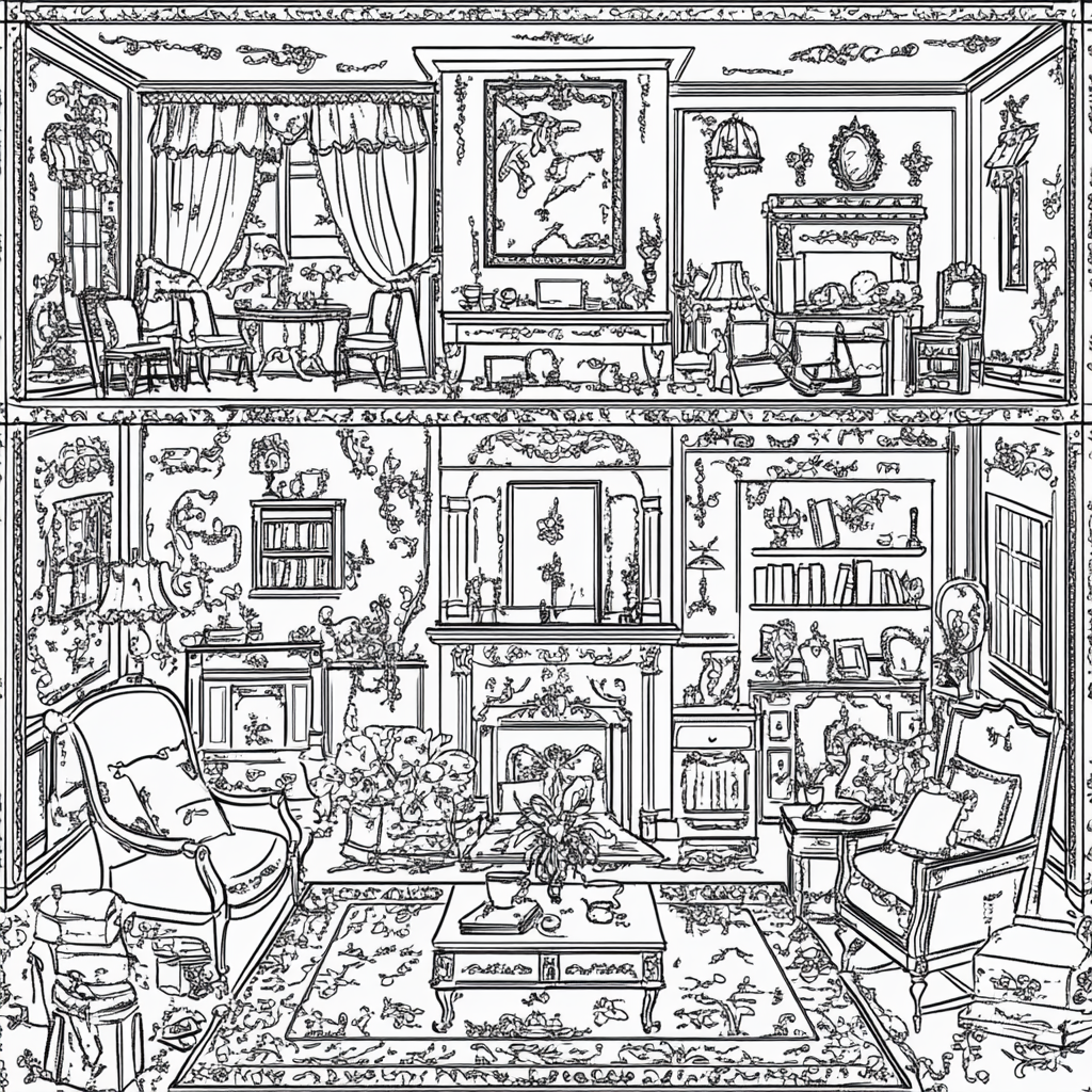 Intricately designed dollhouse coloring page with miniature furniture.