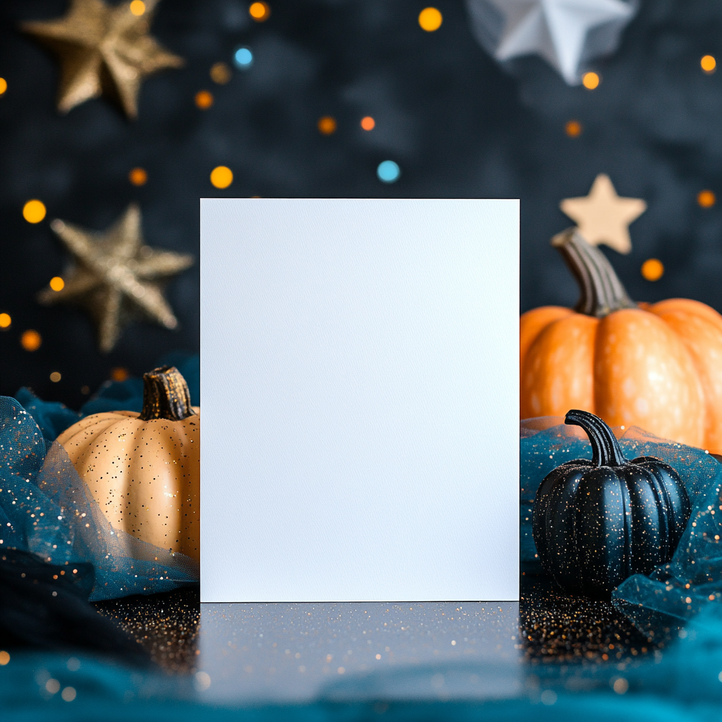 Invitation mockup card with pumpkins, stars, and glitter.