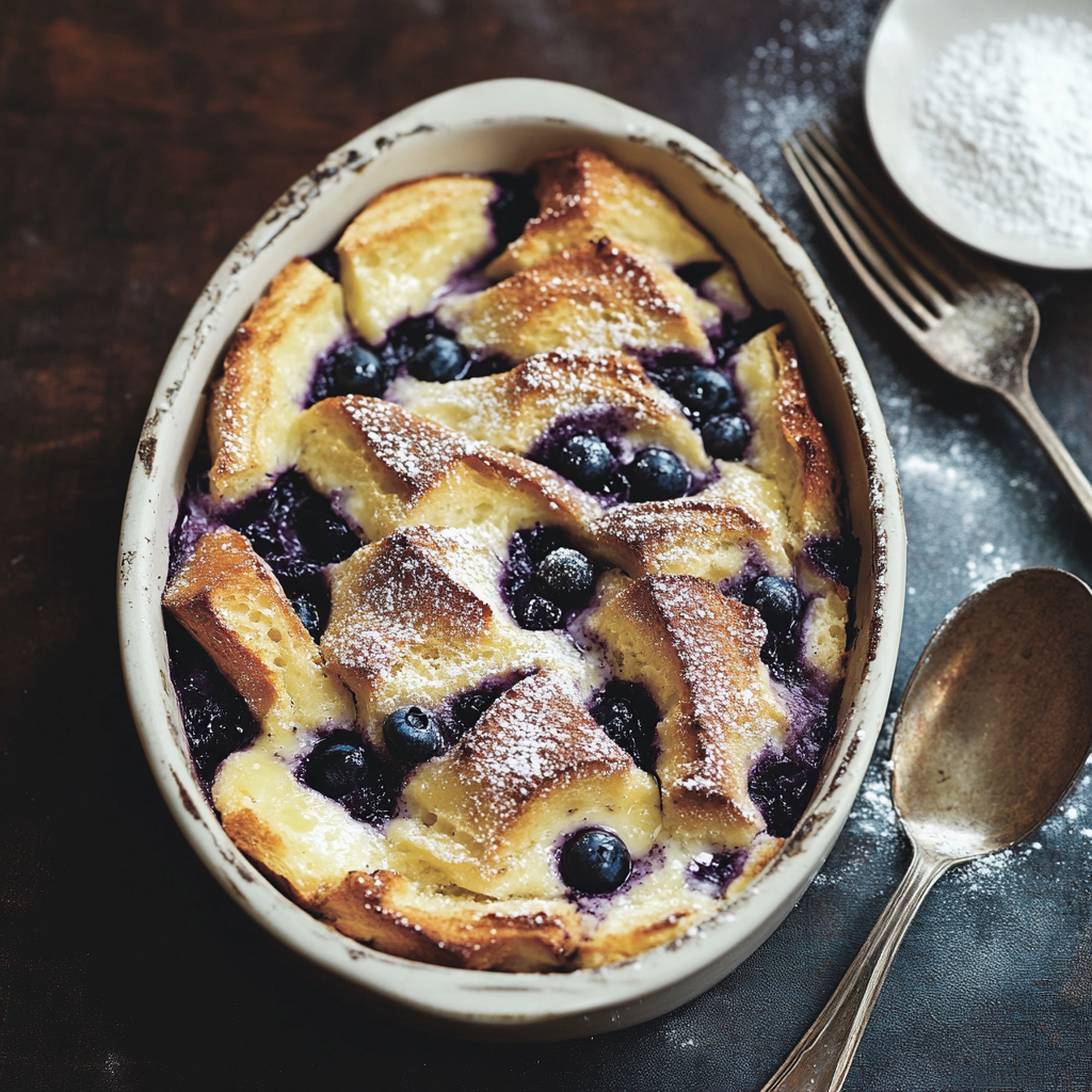 Inviting Blueberry Bread and Butter Pudding with lacy texture.