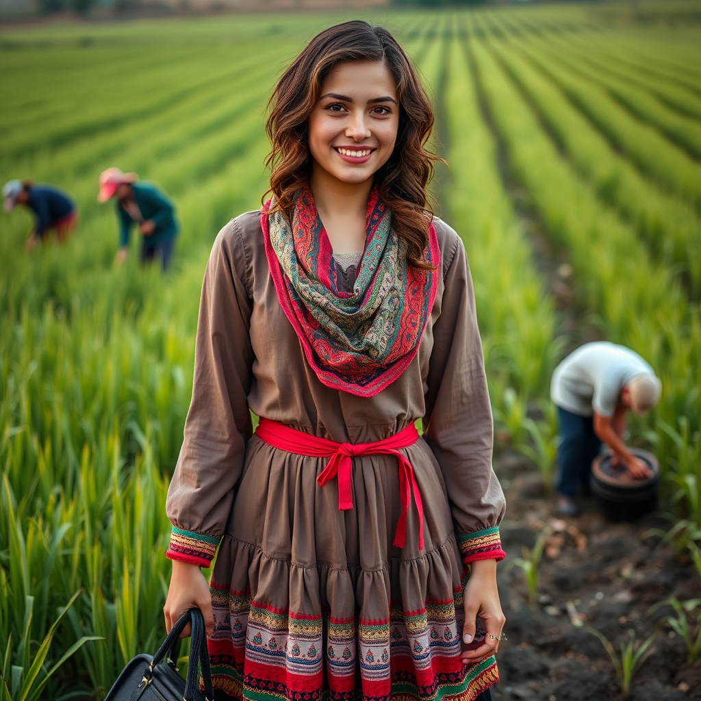 Iranian Muslim girl smiles in outfit at paddy field.