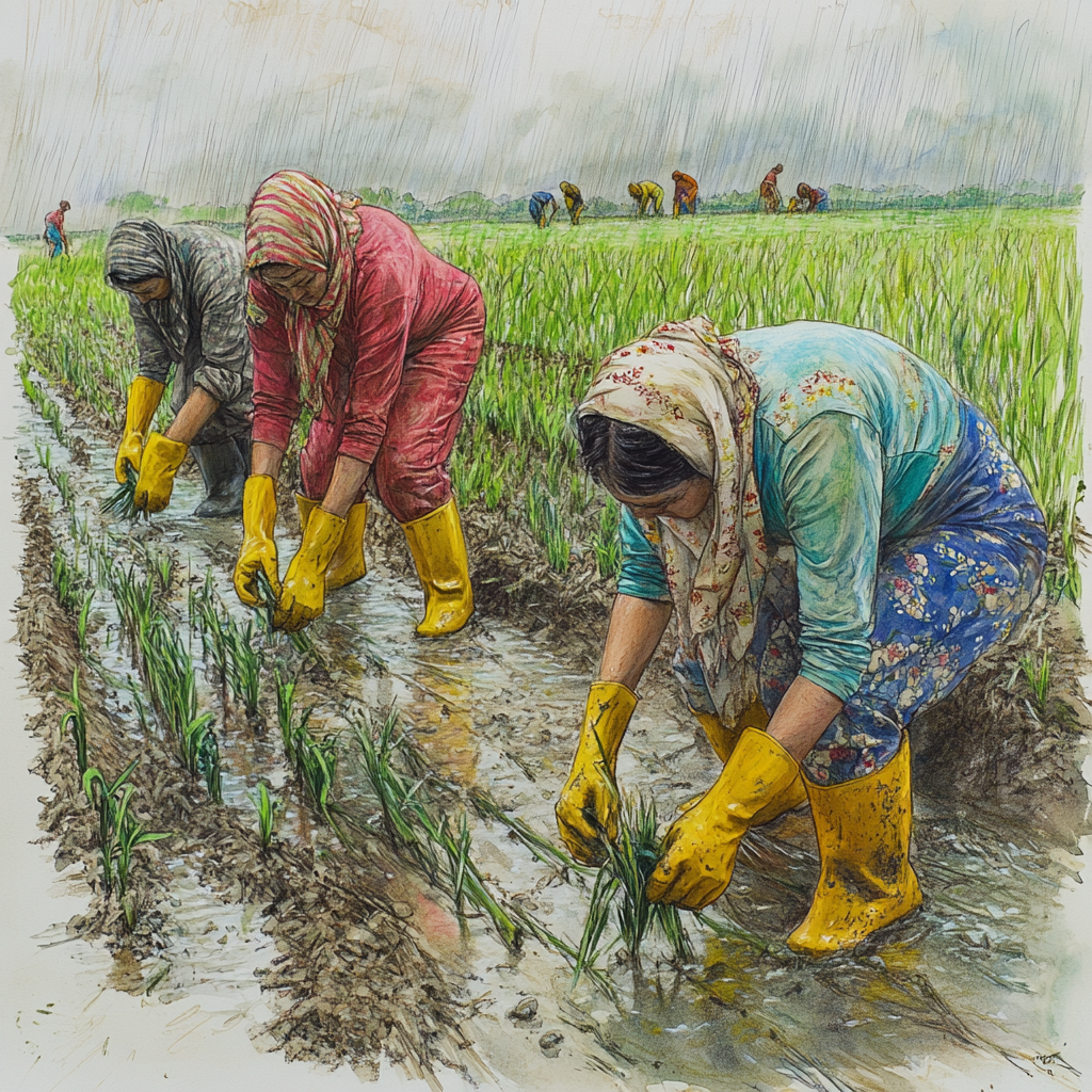 Iranian farmers cultivating rice in green, rainy atmosphere. Symmetric layout.