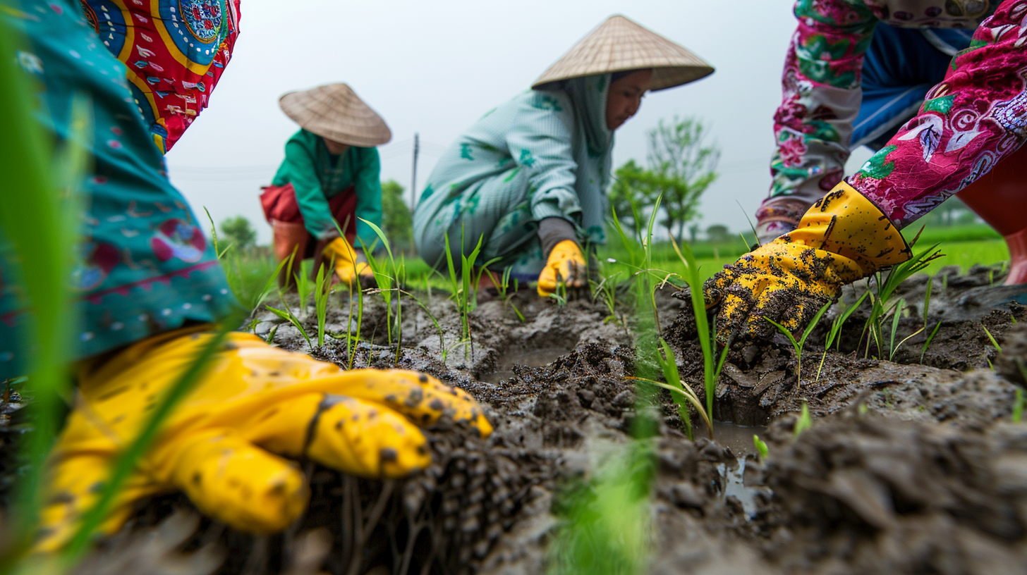 Iranian farmers in field wearing colorful hats planting seedlings.