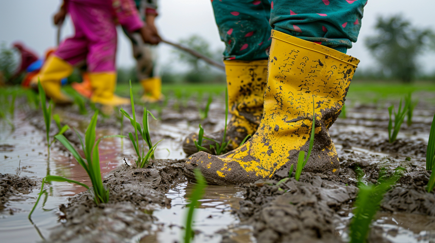 Iranian farmers plant rice seeds in grasslands field.