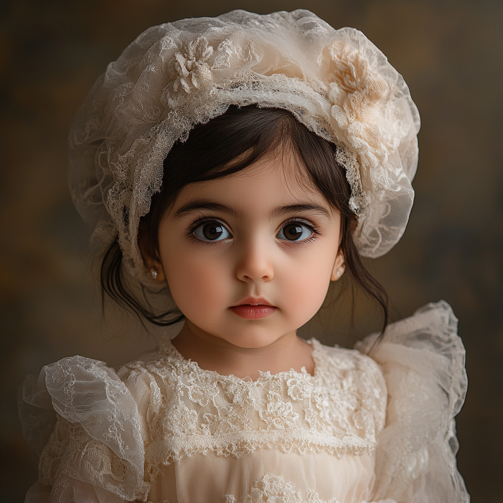 Iranian girl in tulle dress and hat with lace.