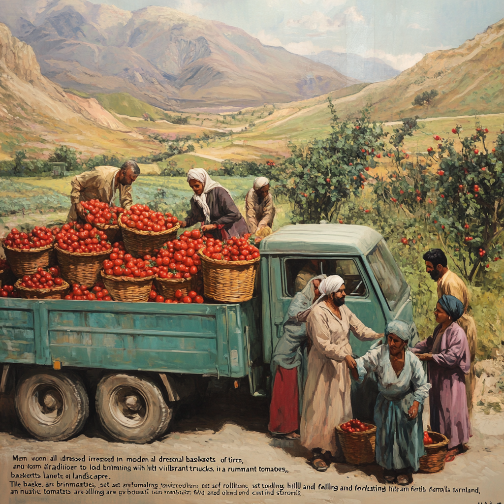 Iranian men and women load tomatoes in rural setting