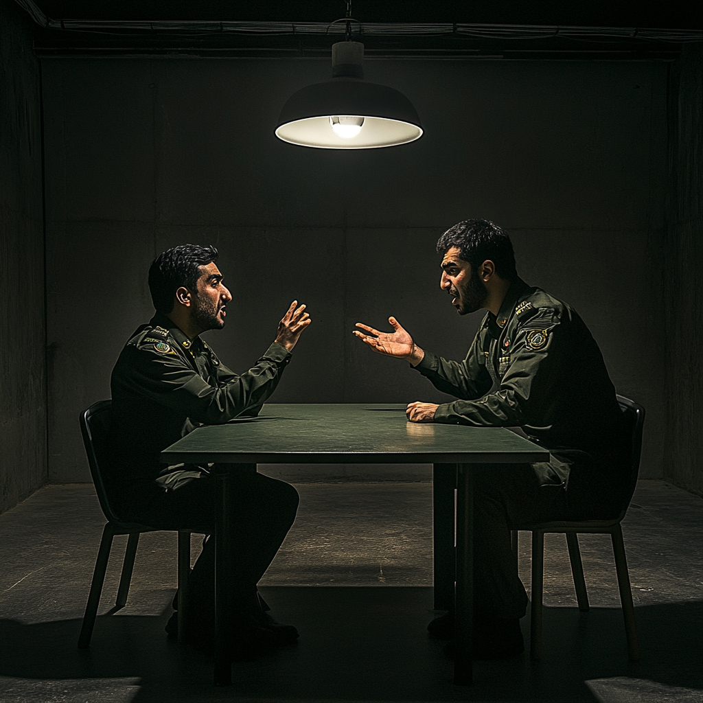 Iranian military officer interrogating shadowy figure in dark room.