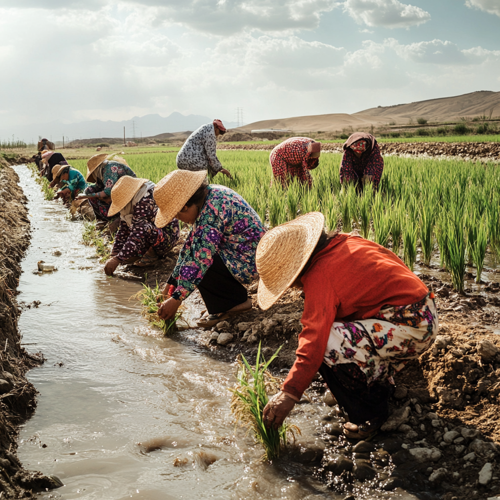 Iranian people plant rice seedlings in colorful outfits.