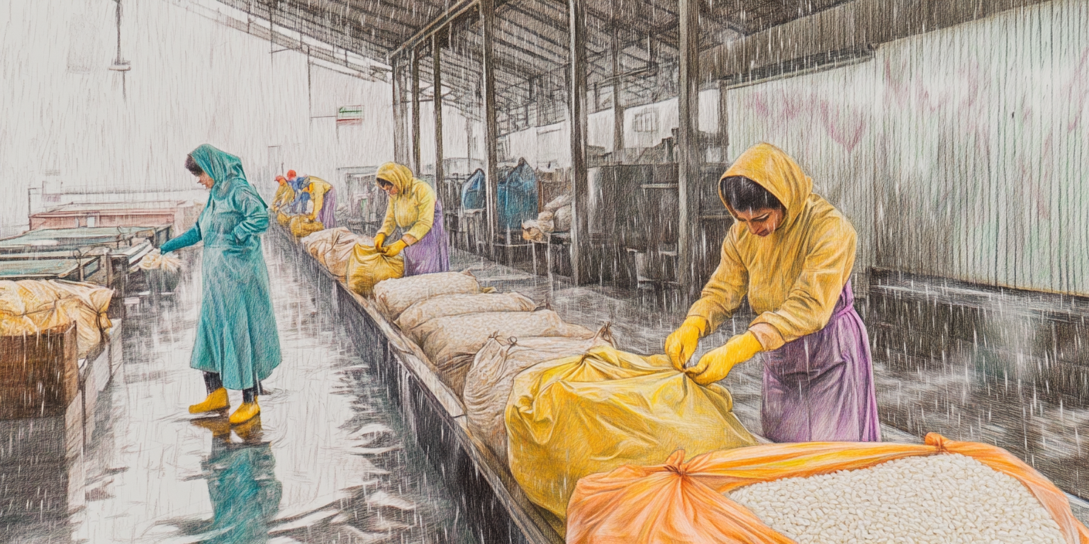 Iranian women workers sketching, neatening rice in factory.