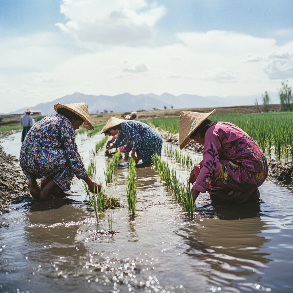 Iranians wearing colorful outfits planting rice seedlings by river.