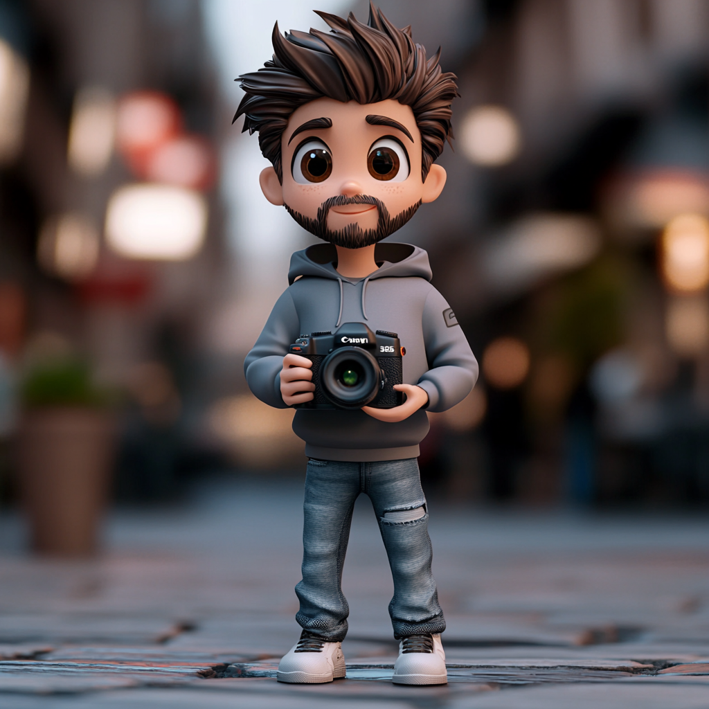 Iraqi boy with beard, hoodie and camera figurine.