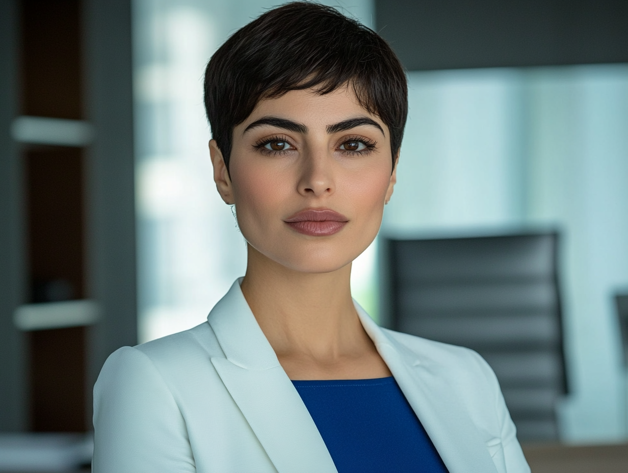 Iraqi woman in professional outfit stands at desk.